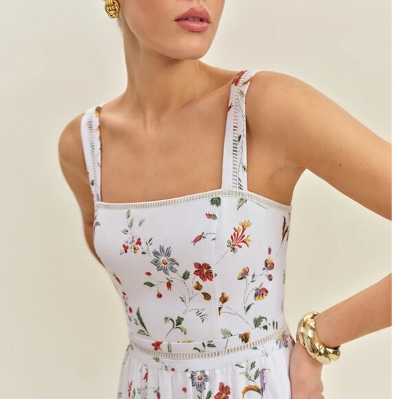 BEST Reformation Everett Linen Midi Dress - Corsini Ivory Floral Wedding Casual - Picture 4 of 14